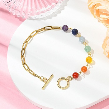 Round Natural Mixed Gemstone Beads Link Bracelets, 304 Stainless Steel Paperclip Chains Bracelets for Women, 7.68 inch(19.5cm)