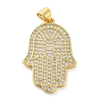 Rack Plating Brass Micro Pave Clear Cubic Zirconia Pendants, Long-Lasting Plated, Cadmium Free & Lead Free, Hamsa Hand, Real 18K Gold Plated, 27.5x18.5x1.8mm, Hole: 3.5x3mm