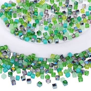 2 Bags Imitation Artificial Crystal Glass Beads, Faceted Cube, Mixed Style, Green, 4x4x4mm, Hole: 1.2mm, about 100pcs/bag