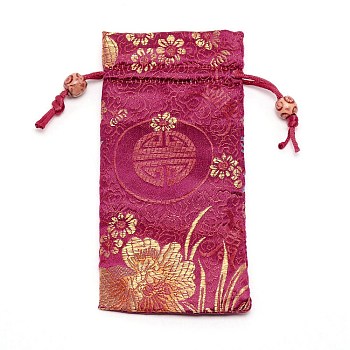 Polyester Pouches, Drawstring Bag, with Wood Beads, Rectangle with Floral Pattern, Medium Violet Red, 16~17x7.8~8x0.35cm