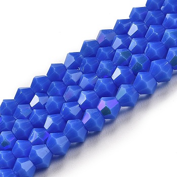 Opaque Solid Color Imitation Jade Glass Beads Strands, AB Color Plated, Faceted, Bicone, Medium Blue, 4x4mm, Hole: 0.8mm, about 82~85pcs/strand, 12.01~12.2 inch(30.5~31cm)