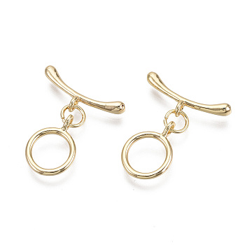 Brass Toggle Clasps, with Jump Rings, Nickel Free, Ring, Real 18K Gold Plated, Total Length: 23mm, Bar: 18.5x7x3mm, Hole: 1.2mm, Ring: 13.5x10x3mm, Hole: 1.2mm