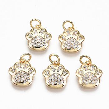 Brass Micro Pave Clear Cubic Zirconia Charms, with Jump Rings, Nickel Free, Dog Paw Prints, Real 18K Gold Plated, 11.5x10.5x2.5mm, Jump Ring: 4.5x0.7, Inner Diameter: 3mm
