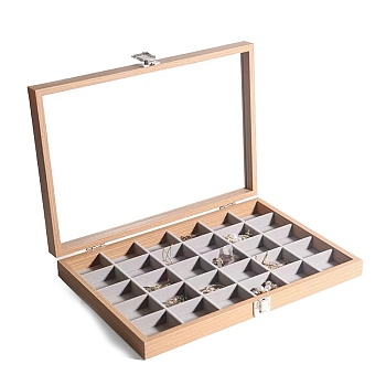 Rectangle Wooden Jewelry Presentation Boxes with 30 Compartments, Clear Visible Jewelry Display Case for Bracelets, Rings, Necklaces, Navajo White, 35x24x4.5cm