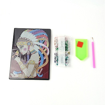 Rectangle DIY Women Pattern Diamond Painting Imitation Leather NoteBook, with Resin Beads, Diamond Sticky Pen, Tray Plate and Glue Clay, Mixed Color, 21x14.7x0.8cm