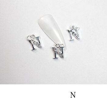 Alloy Rhinestone Cabochons, Nail Art Decoration Accessories, with Jump Ring, Letter, Platinum, Letter.N, 11~14x5~12mm