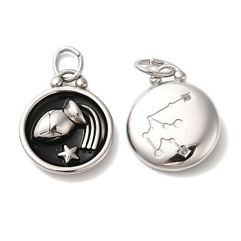 304 Stainless Steel Enamel Pendants, with Jump Ring, Flat Round with Constellation, Stainless Steel Color, Aquarius, 20.5x17x2.5~3.5mm, Hole: 4x6mm