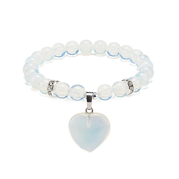 Opalite Round Beaded Stretch Bracelet with Heart Charm, Gemstone Yoga for Women, Inner Diameter: 2 inch(4.95cm)