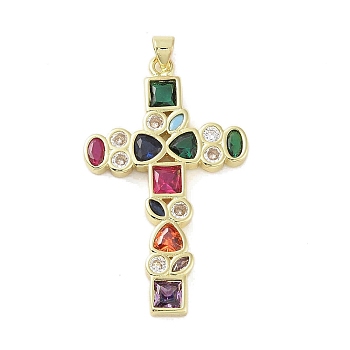 Real 18K Gold Plated Brass with Glass Pendants, Cross, Colorful, 45x27.5x3.5mm, Hole: 3.5x4.2mm