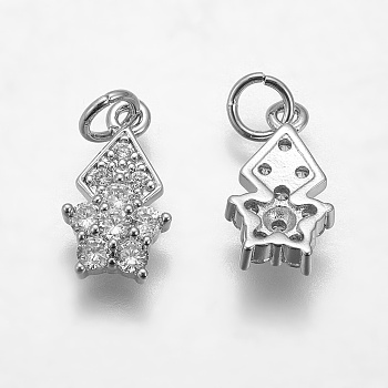 Brass Cubic Zirconia Charms, Star, Clear, Platinum, 14.5~15x8~8.5x4mm, Hole: 3mm