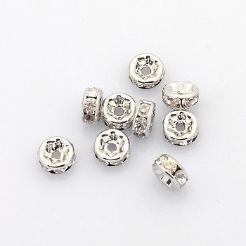 Brass Rhinestone Spacer Beads, Grade AAA, Straight Flange, Nickel Free, Platinum Metal Color, Rondelle, Crystal, 6x3mm, Hole: 1mm