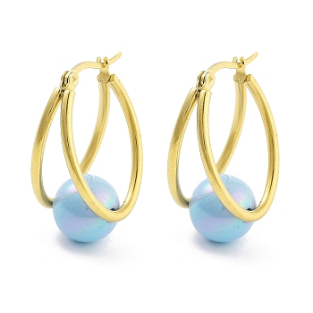 Ion Plating(IP) 304 Stainless Steel & Plastic Imitation Pearl Oval with Ball Hoop Earrings for Women, with 316 Stainless Steel Pins, Light Sky Blue, 32x15.5x19.5mm