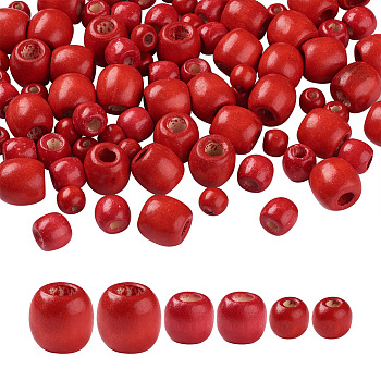 150Pcs 3 Styles Natural Wood Beads, Dyed, Large Hole Beads, Red, 50pcs/style