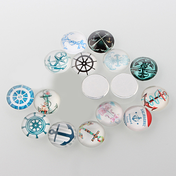 Helm & Anchor Printed Glass Cabochons, Half Round/Dome, Mixed Color, 25x7mm