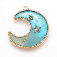 Alloy Enamel Pendants, Cadmium Free & Lead Free, Moon with Star, Golden, Light Sea Green, 32.5x27.5x2mm, Hole: 2mm(X-ENAM-Q428-07)