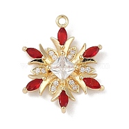 Christmas Theme Brass Micro Pave Cubic Zirconia Pendants, Snowflake, Red, 20x16x3.5mm, Hole: 1.2mm(X-KK-Z065-01-01G)