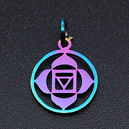 Chakra Theme Ion Plating(IP) 201 Stainless Steel Charms, Laser Cut Pendants, with Jump Rings, Flat Round, Rainbow Color, Muladhara, 13.5x11.5x1mm, Hole: 3mm(STAS-T054-JN403Q-6)