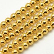 Electroplate Non-magnetic Synthetic Hematite Beads Strands, Round, Light Gold Plated, 4mm, Hole: 0.5mm, about 104pcs/strand, 15.7 inch(G-P194-01-4mm-03)