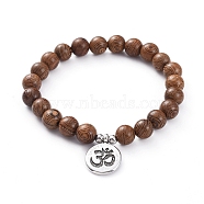 Unisex Wood Beads Stretch Charm Bracelets, with 304 Stainless Steel Beads and Tibetan Style Alloy Pendants, Flat Round with Om Symbol, Antique Silver & Stainless Steel Color, 2-3/8 inch(6cm)(BJEW-JB04959-02)