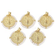 Saint Benedict Medal Brass & ABS Plastic Pearl Pendants, Long-Lasting Plated, Lead Free & Cadmium Free, Real 18K Gold Plated, 24.5x25x3.5mm, Hole: 4.5x3mm(KK-U032-10G)