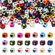 Cheriswelry 450Pcs 3 Style Opaque Acrylic Beads, Cube with Heart Pattern, Mixed Color, 7x7x7mm, Hole: 4mm, 150pcs/style(OACR-CW0001-02)