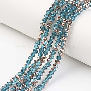 Electroplate Transparent Glass Beads Strands, Half Copper Plated, Faceted, Rondelle, Dodger Blue, 3.5x3mm, Hole: 0.4mm, about 123~127pcs/strand, 13.7~14.1 inch(35~36cm)(EGLA-A034-T3mm-N06)