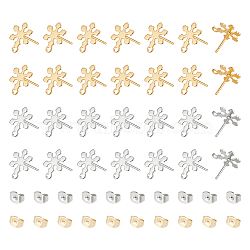 40Pcs 2 Colors 201 Stainless Steel Snowflake Stud Earring Findings, with Ear Nuts & Horizontal Loops & 304 Stainless Steel Pins, Golden & Stainless Steel Color, 12x9mm, Hole: 1.4mm, Pin: 0.7mm, 20Pcs/color(STAS-UN0047-60)