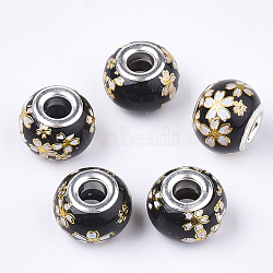 Glass European Beads, Large Hole Beads, with Platinum Tone Brass Double Cores, Rondelle with Sakura, Black, 14x10~11mm, Hole: 5mm(GPDL-Q023-01A)