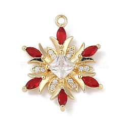 Christmas Theme Brass Micro Pave Cubic Zirconia Pendants, Snowflake, Red, 20x16x3.5mm, Hole: 1.2mm(X-KK-Z065-01-01G)