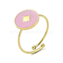 Ion Plating(IP) Flat Round with Star 304 Stainless Steel Enamel Ring, Nickel Free, 316 Surgical Stainless Steel Open Cuff Ring for Women, Real 18K Gold Plated, Pearl Pink, Adjustable(RJEW-A038-16G-03)