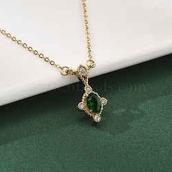 304 Stainless Steel Green Cubic Zirconia Pendant Neckalces for Women, Real 18K Gold Plated, Rhombus, 16.26 inch(41.3cm), Pendant: 16.5x9mm(NJEW-C078-01E-G)