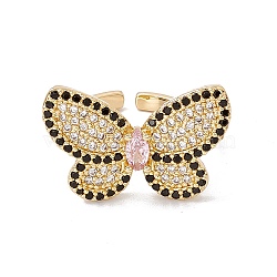Pink Cubic Zircon Butterfly Open Cuff Ring, Rack Plating Brass Jewelry for Women, Cadmium Free & Nickel Free & Lead Free, Real 18K Gold Plated, US Size 6 1/2(16.9mm)(RJEW-B043-03)