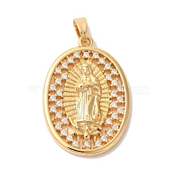 Brass Micro Pave Cubic Zirconia Pendants, Nickle Free, Round with Virgin Mary, Real 18K Gold Plated, Clear, 26.5x19x3mm, Hole: 5x3mm(KK-M294-06G-02)