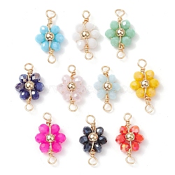 10Pcs 10 Colors Electroplated Faceted Glass Copper Wire Wrapped Connector Charms, Flower Links with Golden Plated Brass Beads, Mixed Color, 21x11~12x4.5~5mm, Hole: 2~2.5mm, 1pc/style(PALLOY-JF02594-01)