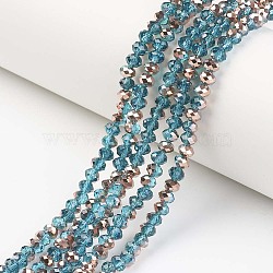 Electroplate Transparent Glass Beads Strands, Half Copper Plated, Faceted, Rondelle, Dodger Blue, 3.5x3mm, Hole: 0.4mm, about 123~127pcs/strand, 13.7~14.1 inch(35~36cm)(EGLA-A034-T3mm-N06)