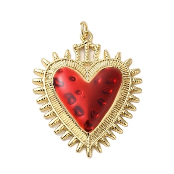 Rack Plating Brass Enamel Pendants, with Jump Ring, Cadmium Free & Lead Free, Heart Charm, Real 18K Gold Plated, 38x31x4.3mm, Hole: 4mm