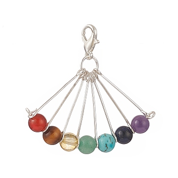 7 Chakra Gemstone Round Pendants Decorations, with Zinc Alloy Lobster Claw Clasps Charm, 43mm