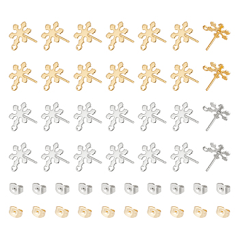40Pcs 2 Colors 201 Stainless Steel Snowflake Stud Earring Findings, with Ear Nuts & Horizontal Loops & 304 Stainless Steel Pins, Golden & Stainless Steel Color, 12x9mm, Hole: 1.4mm, Pin: 0.7mm, 20Pcs/color