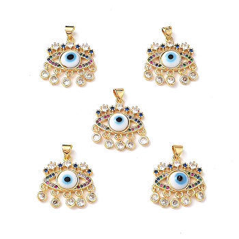Lampwork Evil Eye Pendants with Colorful Cubic Zirconia, Real 18K Gold Plated Brass Findings, Lead Free & Cadmium free, White, 27x22.5x4.5mm, Hole: 4x3.5mm