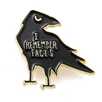 Crow with Word I Remember Faces Enamel Pins, Golden Zinc Alloy Painted Brooches for Backpack Clothes, Black, 31x31x1.5mm