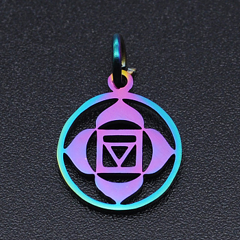 Chakra Theme Ion Plating(IP) 201 Stainless Steel Charms, Laser Cut Pendants, with Jump Rings, Flat Round, Rainbow Color, Muladhara, 13.5x11.5x1mm, Hole: 3mm