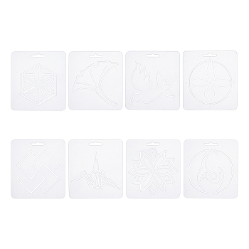 Acrylic Plastic Hollow Painting Silhouette Stencil, DIY Drawing Template Graffiti Stencils, Rectangle with Mixed Pattern, White, 13x12x0.25cm, Hole: 8x30mm, 8pcs/set