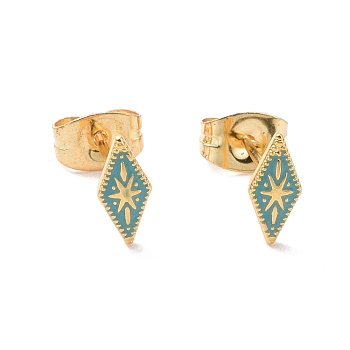 Enamel Rhombus with Star Stud Earrings with 316L Surgical Stainless Steel Pins, Gold Plated 304 Stainless Steel Jewelry for Women, Dark Turquoise, 8.5x4mm, Pin: 0.7mm