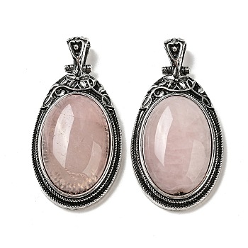 Natural Rose Quartz Big Pendants, Antique Silver Plated Alloy Oval Charms, 54x27.5x10~11mm, Hole: 7.5x5.5mm