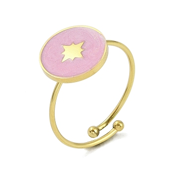 Flat Round with Star 304 Stainless Steel Enamel Ring, 316 Surgical Stainless Steel Open Cuff Ring for Women, Real 18K Gold Plated, Pearl Pink, Adjustable