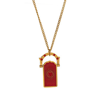 Rotating 304 Stainless Steel Enamel Tarot Card Pendant Necklaces with Rhinestone, Real 18K Gold Plated, Red, 17.72 inch(45cm)