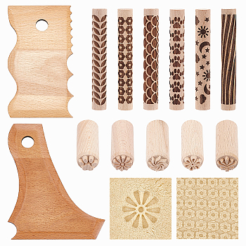 2Pcs 2 Styles Wood Pottery Foot Shaper Tools, with 5Pcs Wooden Stamps and 6Pcs Rolling Pin, Pottery Trimming Tools, Mixed Color, 141x112x4.5mm, Hole: 14.5mm
