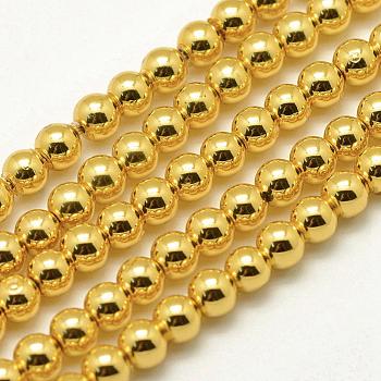 Electroplate Non-magnetic Synthetic Hematite Beads Strands, Round, Light Gold Plated, 4mm, Hole: 0.5mm, about 104pcs/strand, 15.7 inch