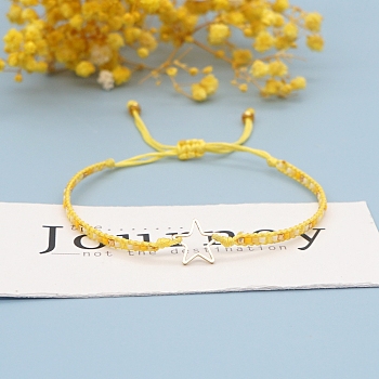 Miyuki Seed Braided Bead Bracelet with Open Star, Adjustable Friendship Bracelet for Women, Yellow, 11 inch(28cm)