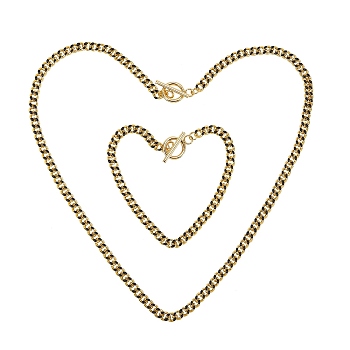Brass Curb Chain Bracelets & Necklaces Sets, with Enamel and 304 Stainless Steel Toggle Clasps, Real 18K Gold Plated, Black, 17.91~18.11 inch(45.5~46cm), 8-1/8 inch(20.5cm)